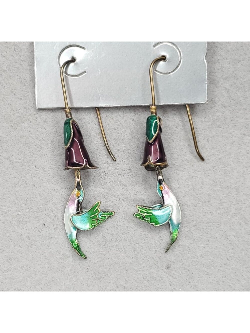 Thousand Flowers Earrings Humming Birds Dangle Enamel Sterling Silver 1.5"